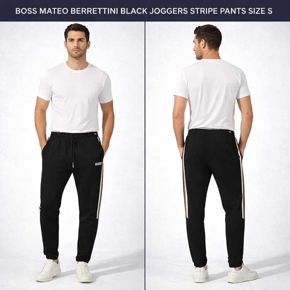 BOSS Mateo Berrettini Black Joggers with White and Tan Stripe Size Small